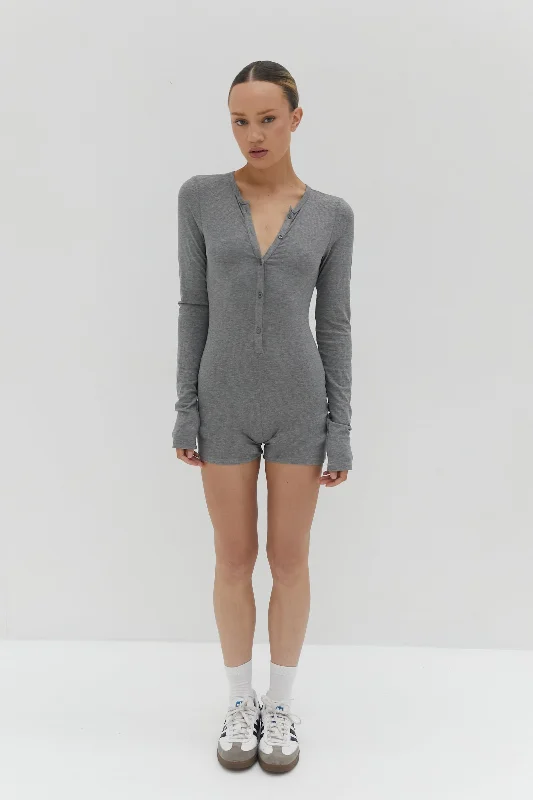 Button Ribbed Romper - Grey