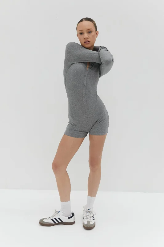 Button Ribbed Romper - Grey