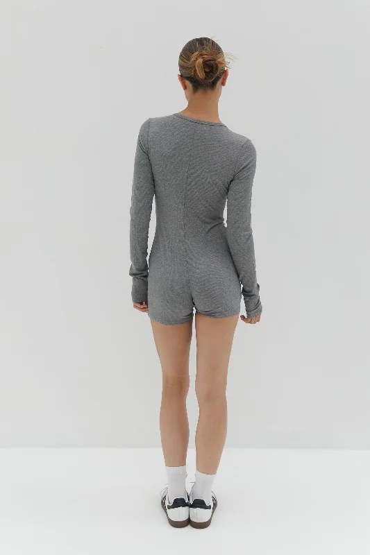 Button Ribbed Romper - Grey