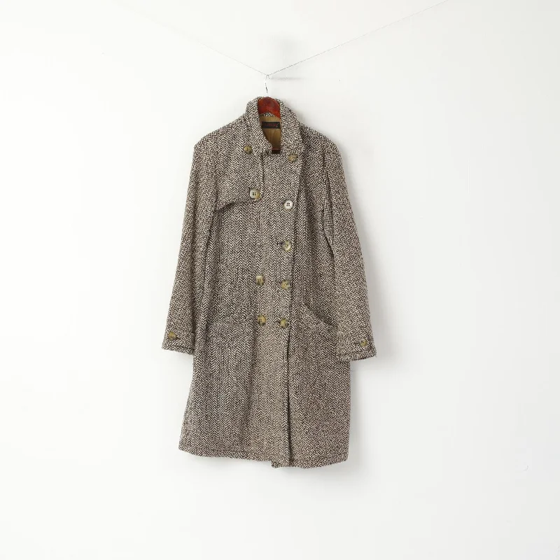 Replay Women XL (L) Coat Brown Wool Herringbone Double Breasted Vintage