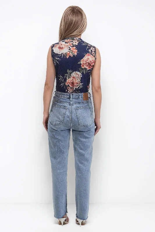 JADE NAVY FLORAL PRINT SLEEVELESS WRAP BODYSUIT TOP