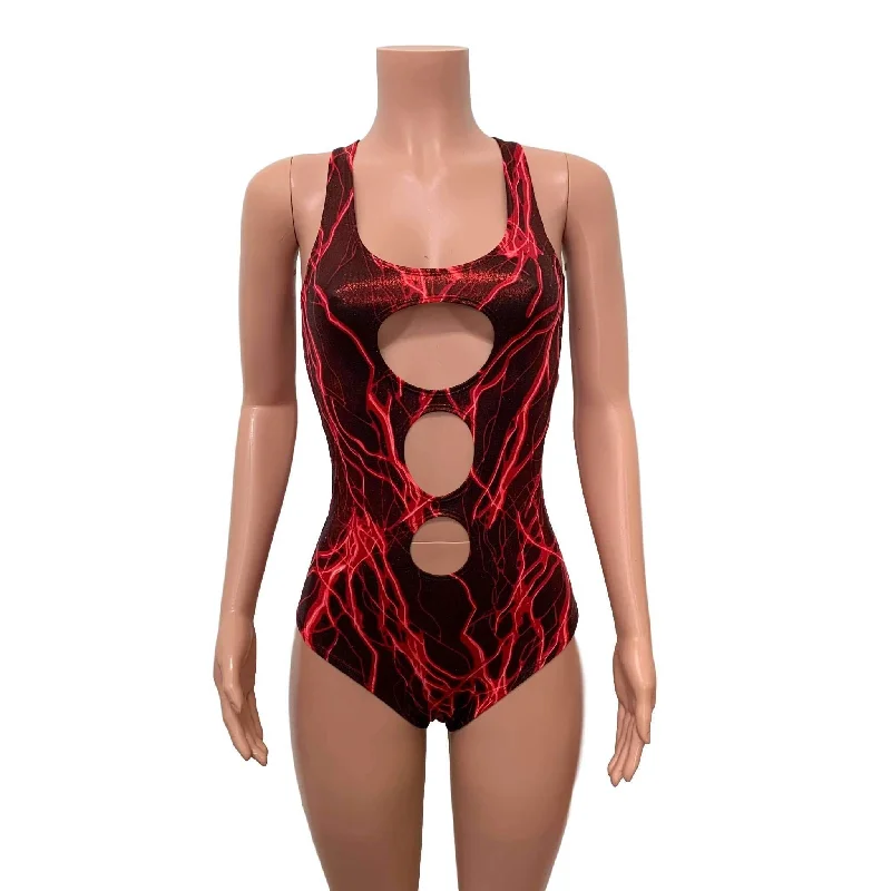 SALE - SMALL ONLY - Keyhole Bodysuit - Red Lightning Metallic