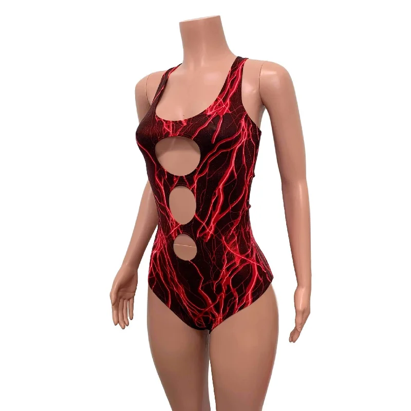 SALE - SMALL ONLY - Keyhole Bodysuit - Red Lightning Metallic