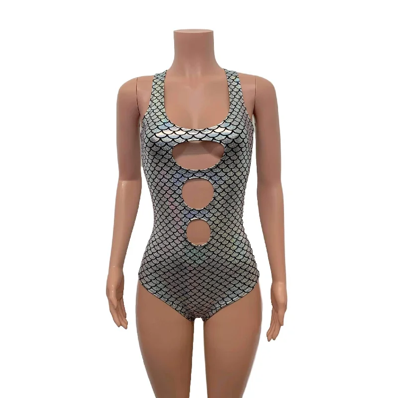 Keyhole Bodysuit - Silver Mermaid Scale Holographic