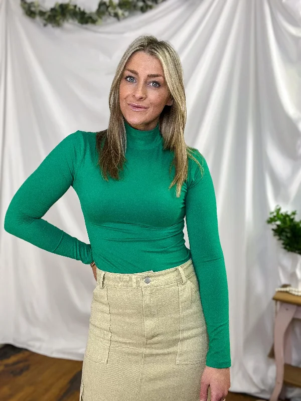 Green Mock Neck Long Sleeve Bodysuit [S-XL]