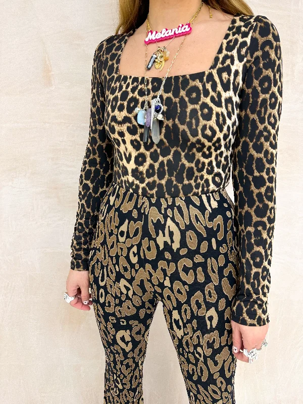 Square Neck Basic Bodysuit In Leopard Print