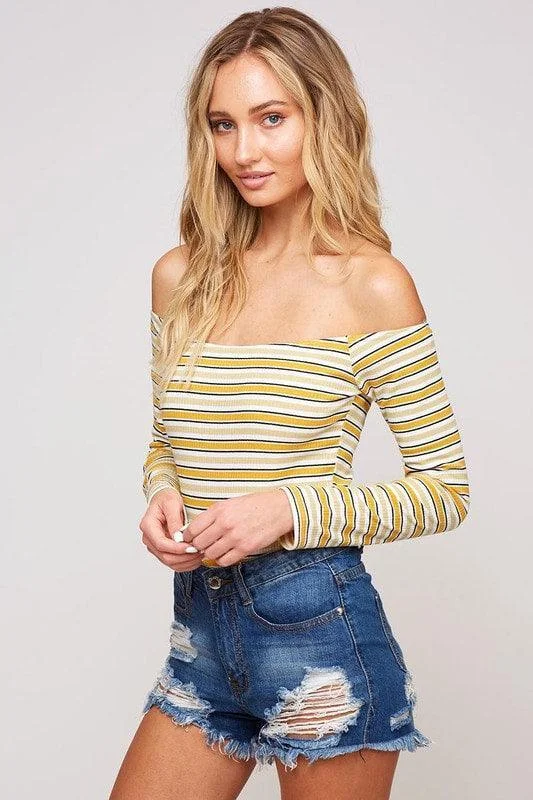 Striped Off Shoulder Long Sleeve Ribbed Bodysuit