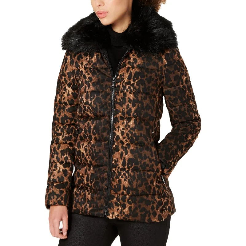 Tahari Gemma Women's Quilted Leopard Print Puffer Coat with Faux Fur Collar