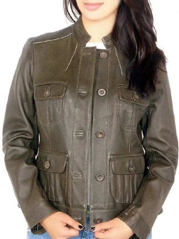 Women's Sew Button Real Leather Jacket