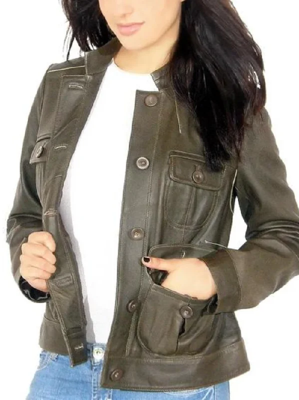 Women's Sew Button Real Leather Jacket