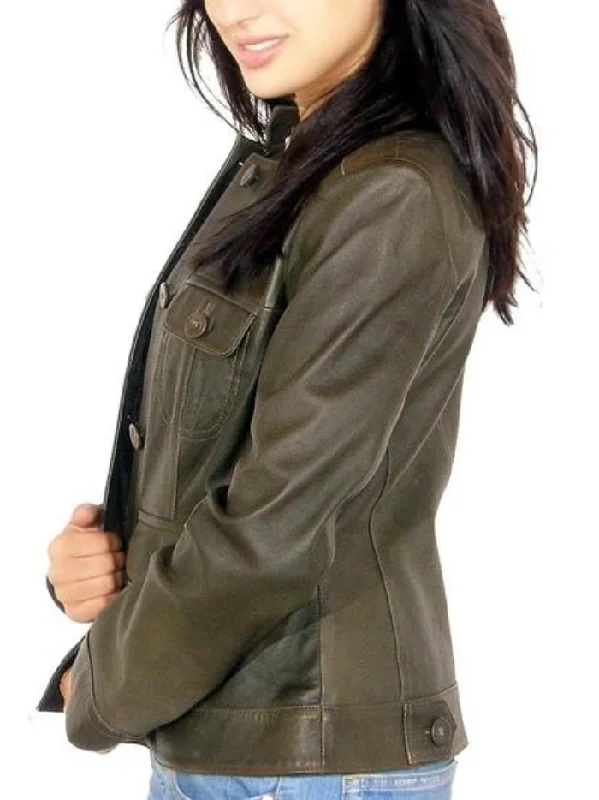 Women's Sew Button Real Leather Jacket