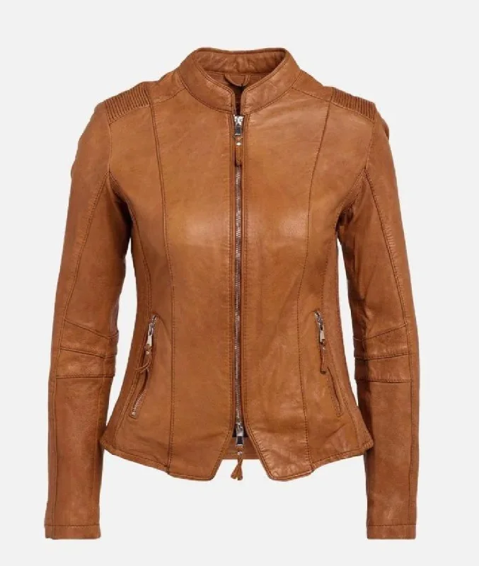 Women's Tan Fitted Real Leather Jacket