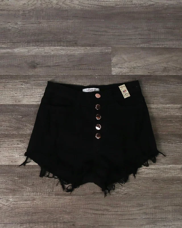 Distressed Button Down Shorts in Black