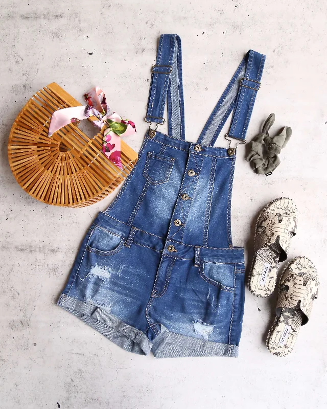 Final Sale - Distressed Rolled Cuff Button Down Shortall in Medium Wash Denim