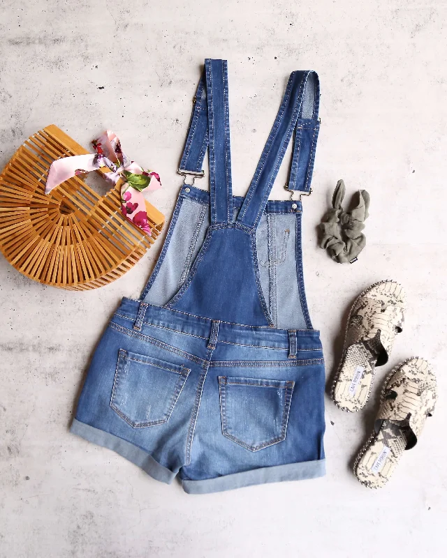 Final Sale - Distressed Rolled Cuff Button Down Shortall in Medium Wash Denim