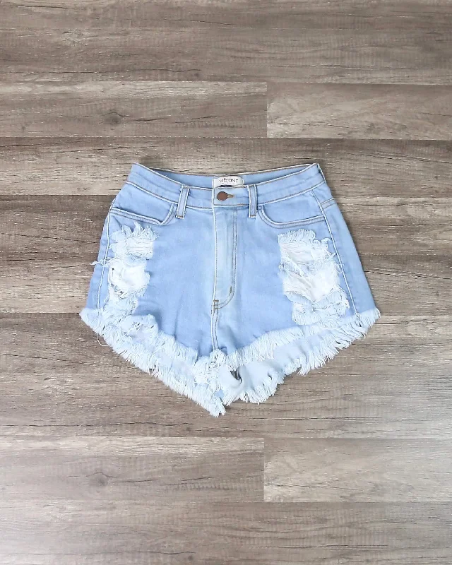 High Waisted Distressed Denim Shorts in Light Wash