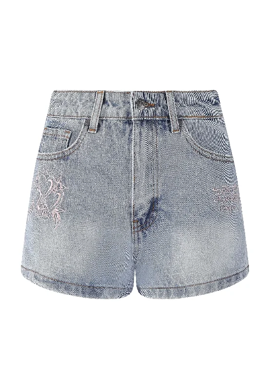 Womens Triple Heart Denim Jorts Shorts - Blue